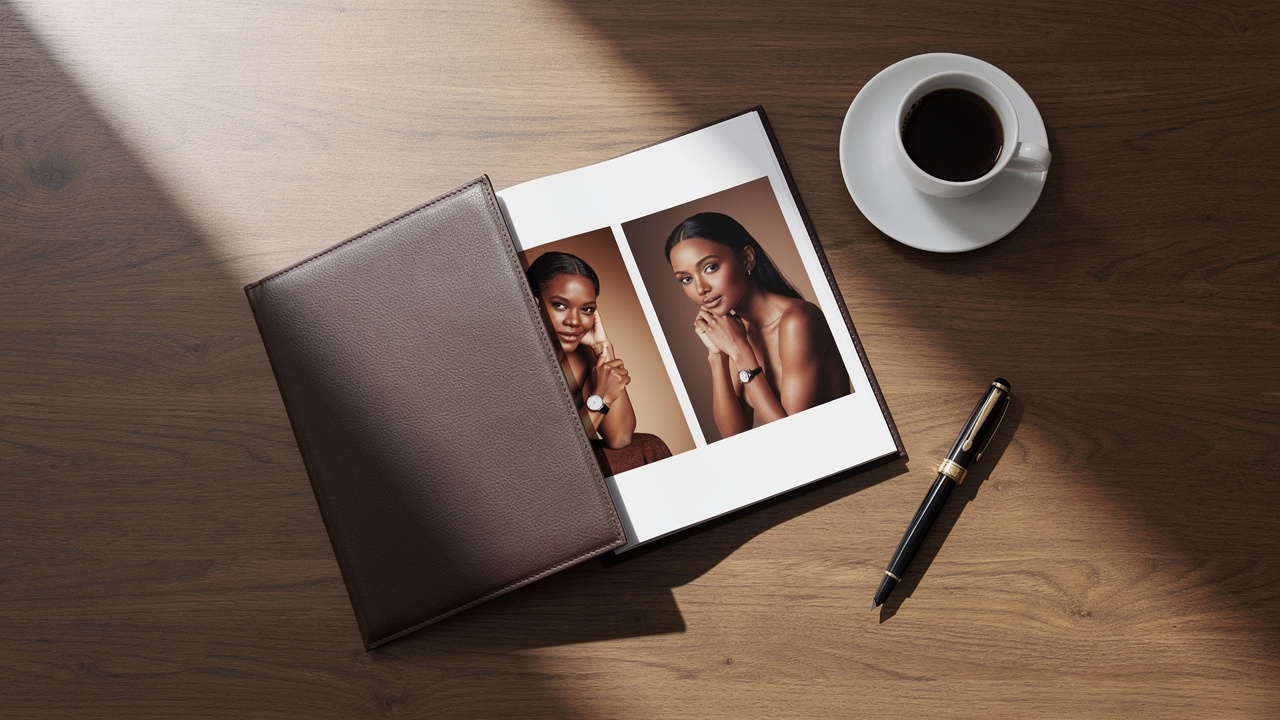 Photography portfolio with elegant presentation on wooden desk