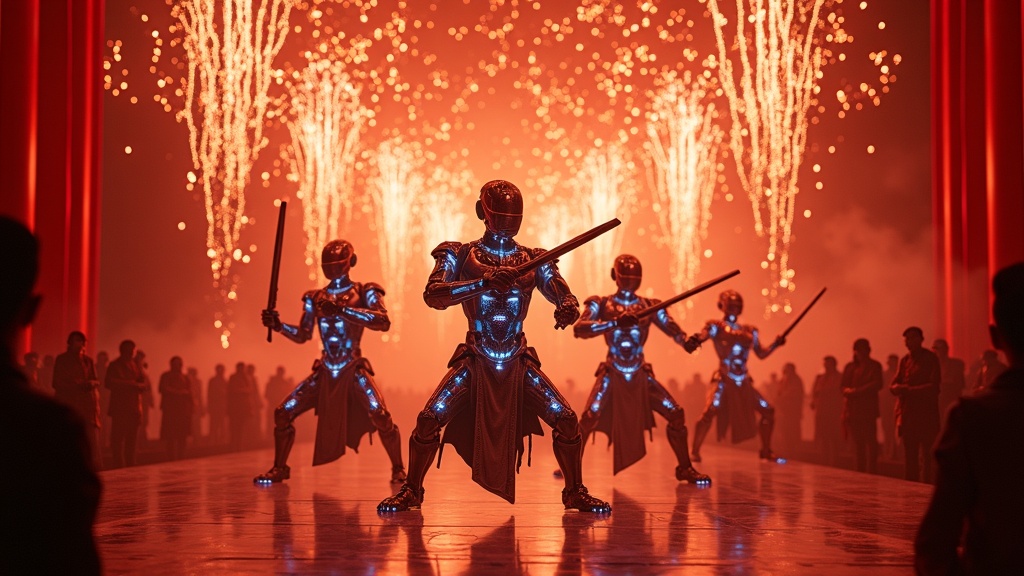 Detalle de un robot humanoide chino interactuando en el escenario de la gala