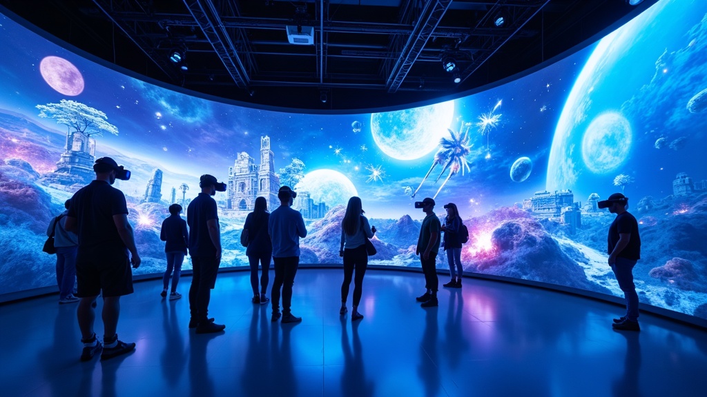 Interior del Discovery Center en Madrid con visitantes probando experiencias interactivas y pantallas gigantes