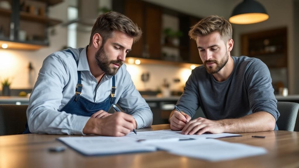 Homeowner reviewing insurance claim paperwork with roofing contractor