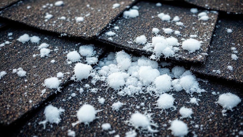 Hail damage on asphalt shingle roof showing impact marks and granule loss
