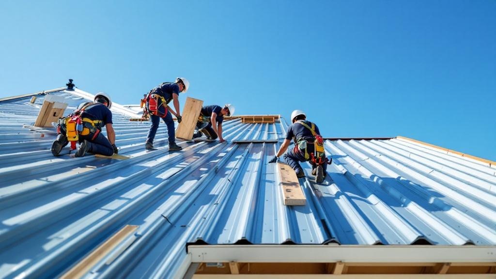 Professional crew installing standing seam metal roof on Texas luxury home