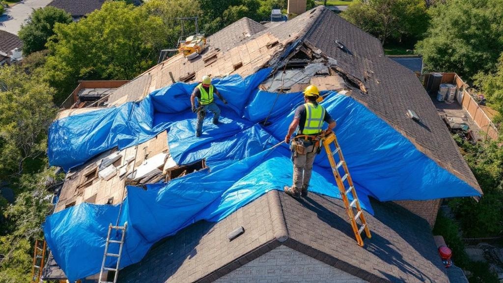 Emergency roof repair crew working on storm-damaged roof with protective tarp