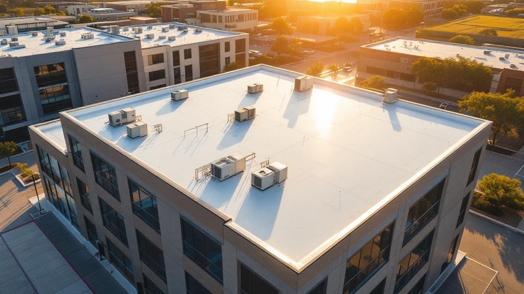 Energy efficient white TPO cool roof system on commercial building reflecting sunlight
