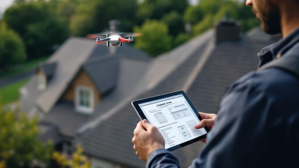 Professional roofing inspector using tablet and drone for roof inspection