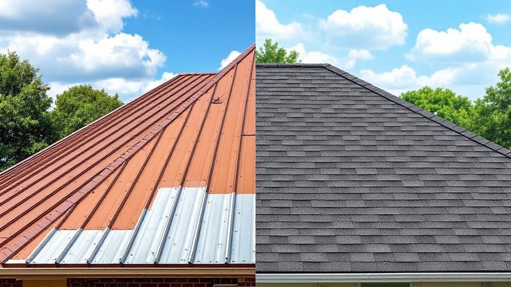 Side by side comparison of metal standing seam roof and asphalt shingle roof on Texas homes