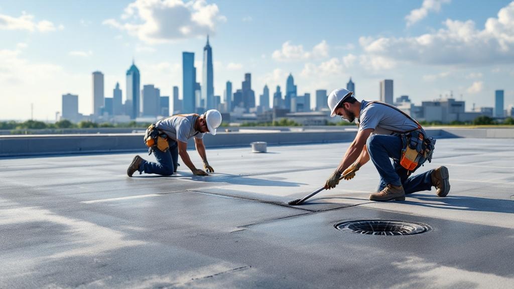 Commercial flat roof maintenance crew performing preventive maintenance on Dallas building