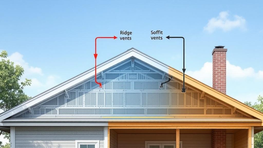 Roof ventilation system diagram showing ridge vents and soffit vents with airflow