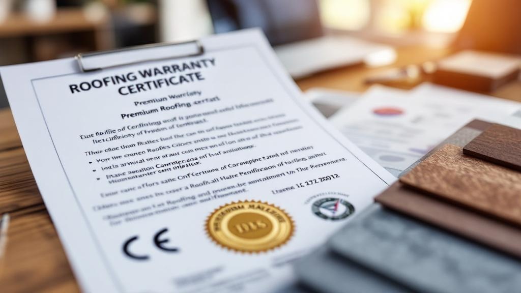 Roofing warranty documents with manufacturer seal and premium roofing materials