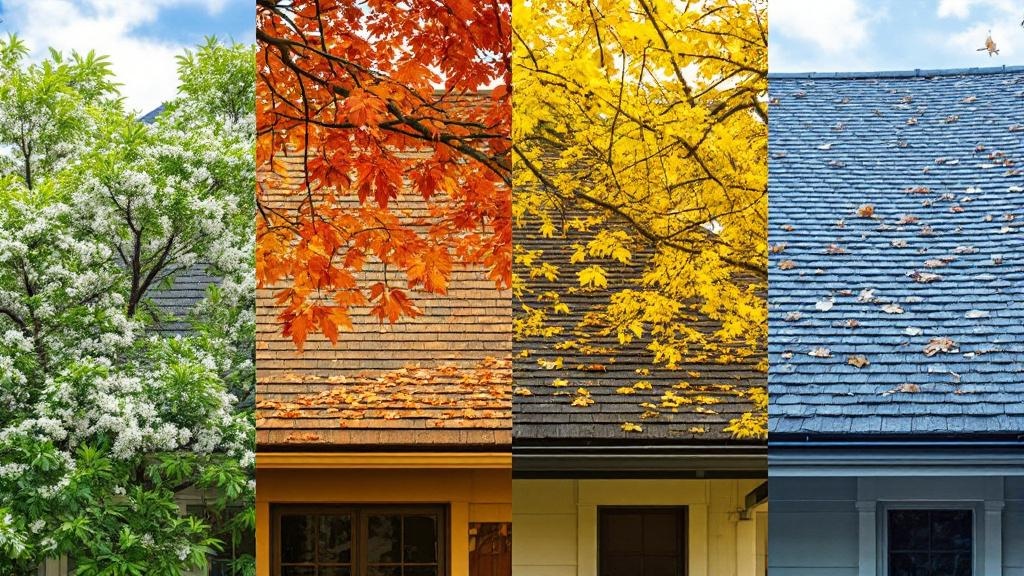 Four seasons roof maintenance showing spring, summer, fall, and winter preparation