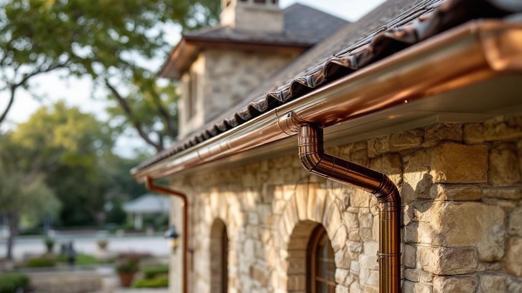 Premium copper gutters and downspouts installation on luxury Texas home