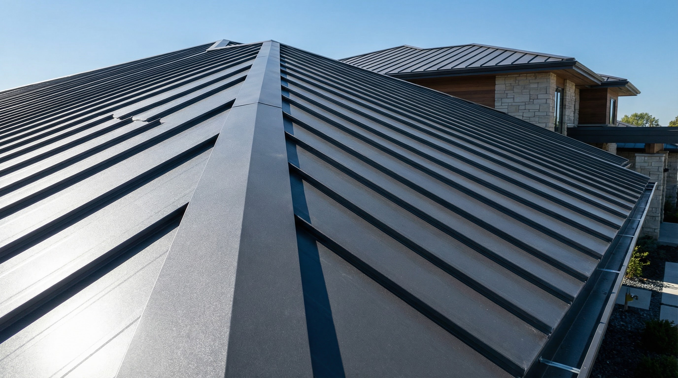 Standing seam metal roof close-up detail showing Kynar coated panels