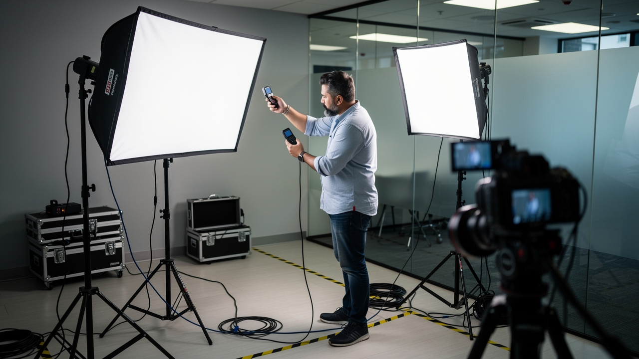 Professional lighting technician setting up three-point lighting
