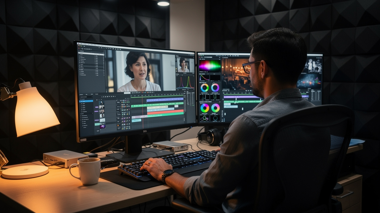 Video editor working on social media content