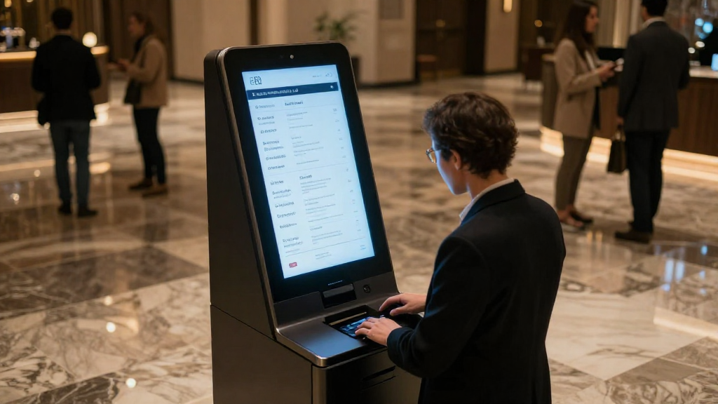 Modern hotel lobby with digital concierge kiosk, personalized offers, and diverse guests interacting with the kiosk.