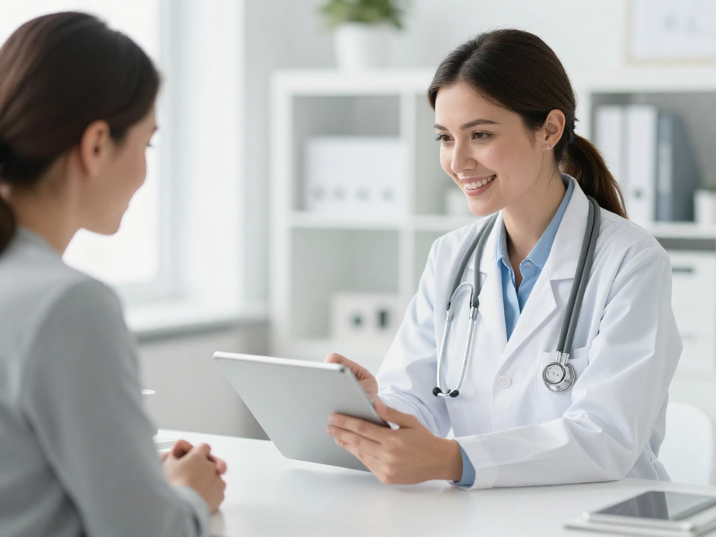 Caucasian female doctor and Caucasian female patient discussing lab results in a bright, modern clinical consultation setting. The doctor is pointing to a tablet screen. Both are smiling and engaged.