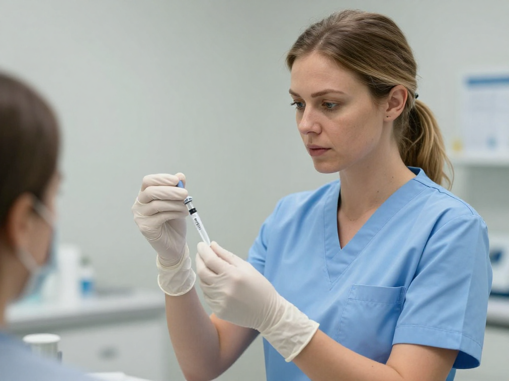 Caucasian female nurse preparing a tirzepatide injection in a professional, clean clinic setting. She is wearing gloves and focusing on the task. No patient visible.