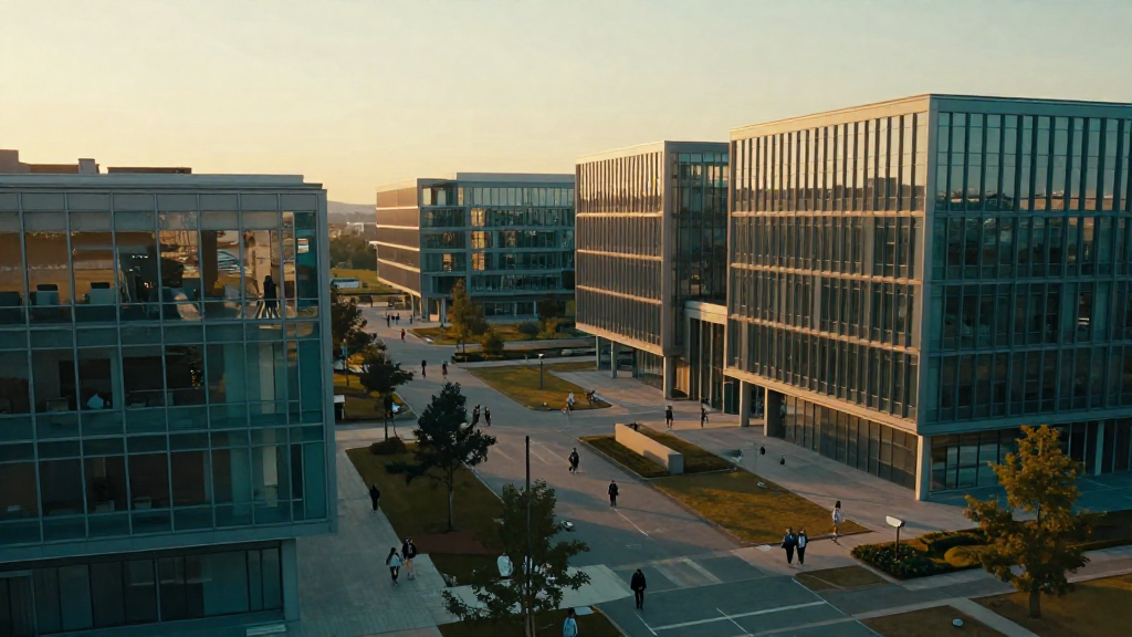 Aerial view of a bustling university campus at golden hour