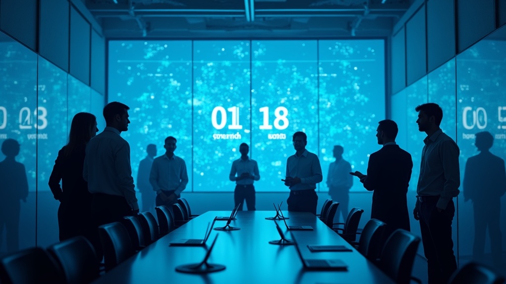 Oficina moderna con integración de inteligencia artificial abstracta representando las predicciones de Mustafa Suleyman