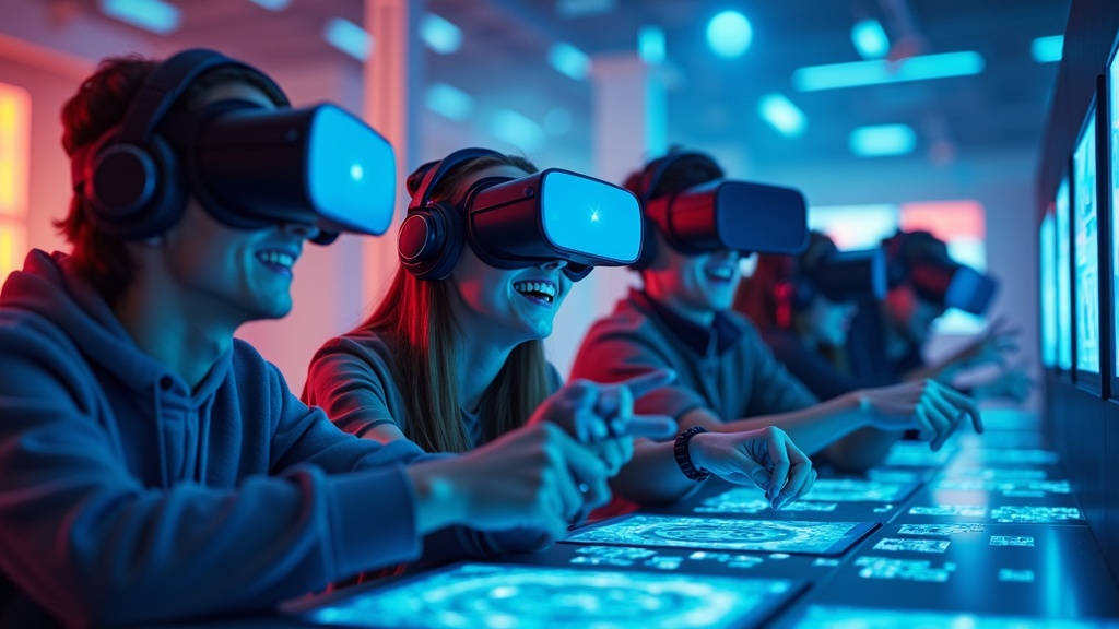Grupo de amigos disfrutando de una experiencia de realidad virtual multijugador en Virtua Barcelona