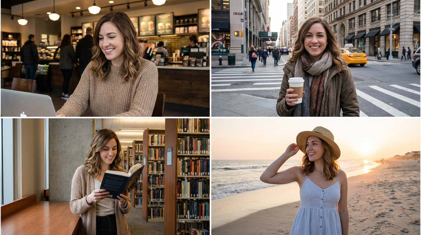 AI-generated images of the same female character in different settings — coffee shop, city street, library, and beach — all maintaining identical facial features, hair color, and body proportions