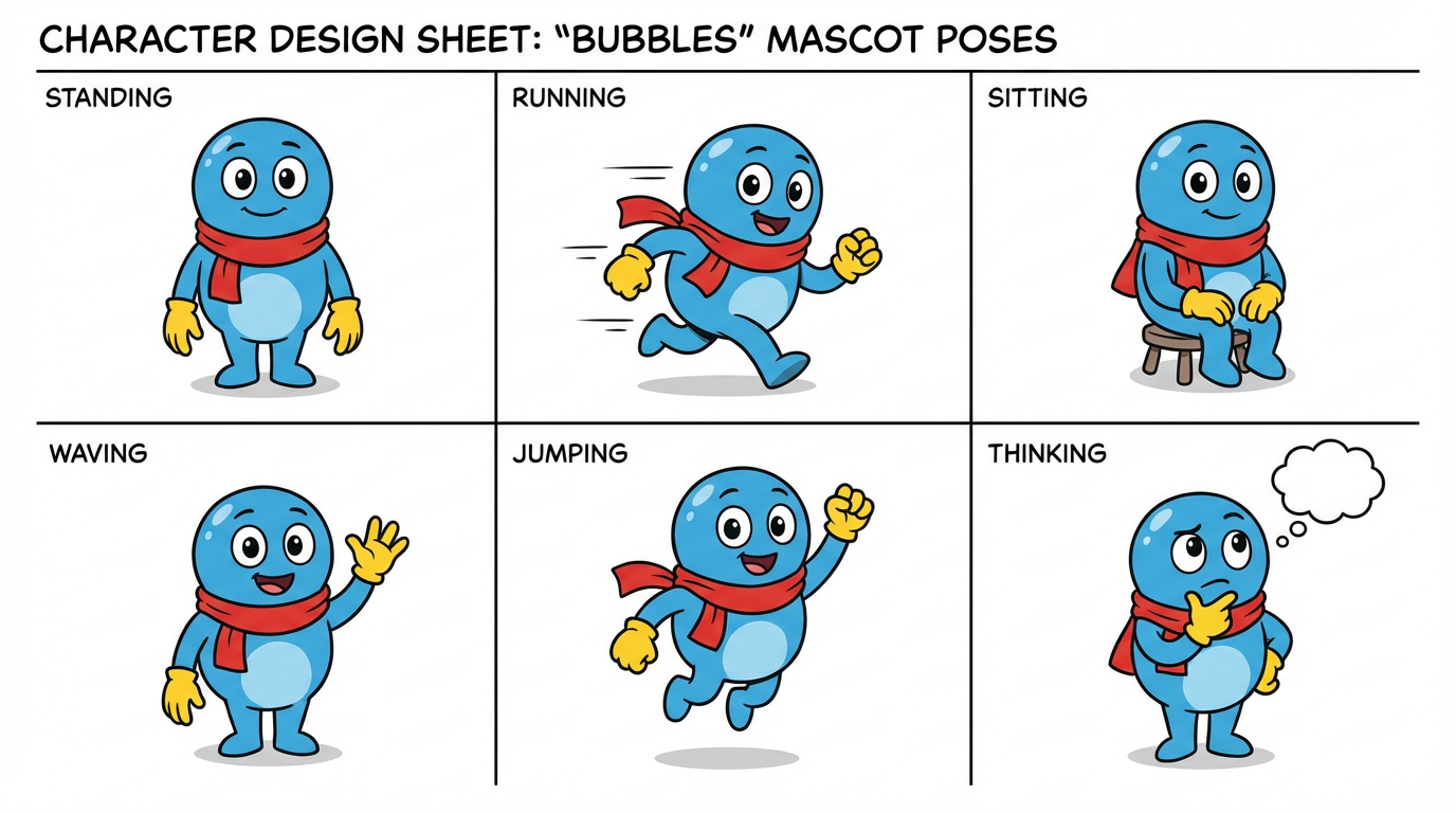 Same cartoon mascot character rendered consistently across six different scenes and poses — standing, running, sitting, waving, jumping, thinking — maintaining exact same design