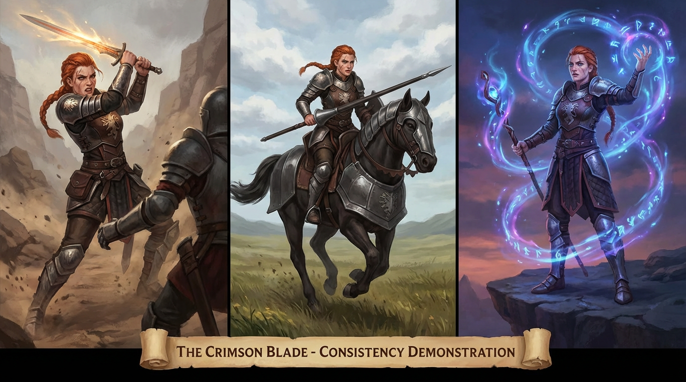 Red-haired warrior woman in three different action poses with perfectly consistent armor design, face, and body features across all panels, fantasy art style