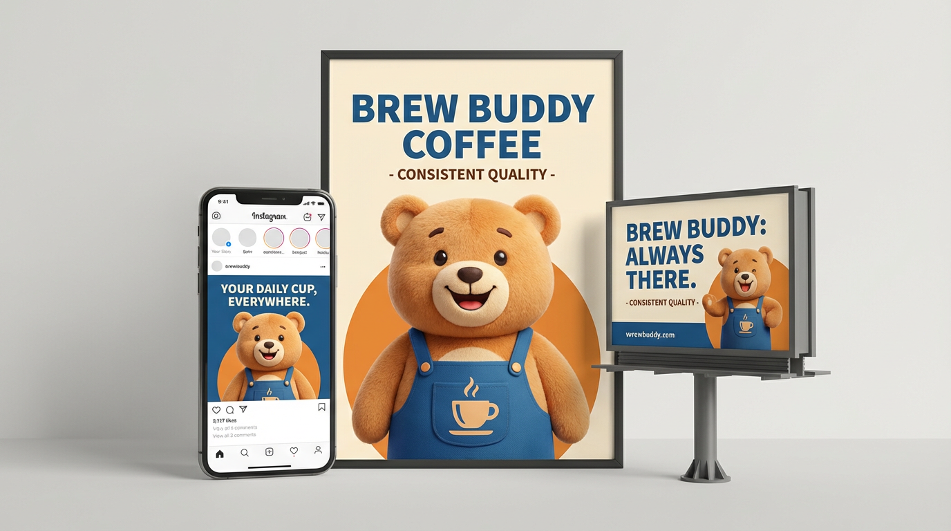 Brand mascot character maintaining identical look across different marketing materials — poster, social media card, and billboard — consistent branding