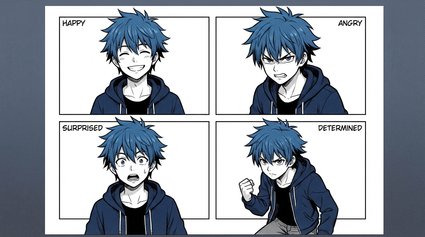 Anime-style male protagonist with spiky blue hair shown in four emotional states — happy, angry, surprised, determined — maintaining exact same character design