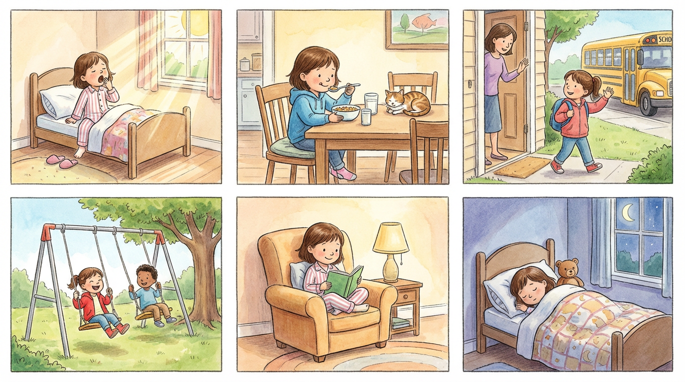 Storyboard of six frames showing the same little girl character going through her day with perfectly consistent character design and art style, children book illustration