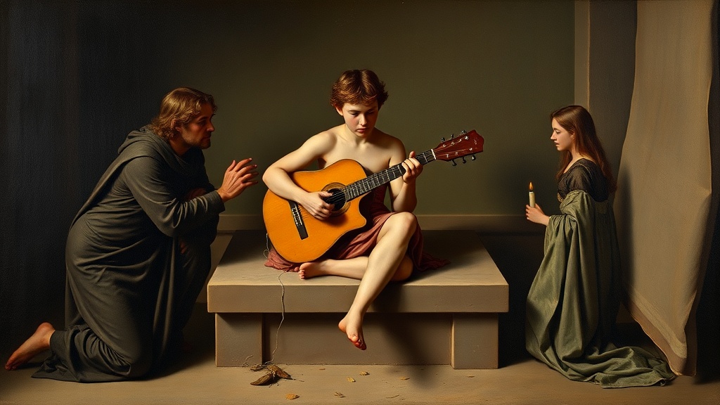 Allegorical tableau of musician with broken lute and two figures