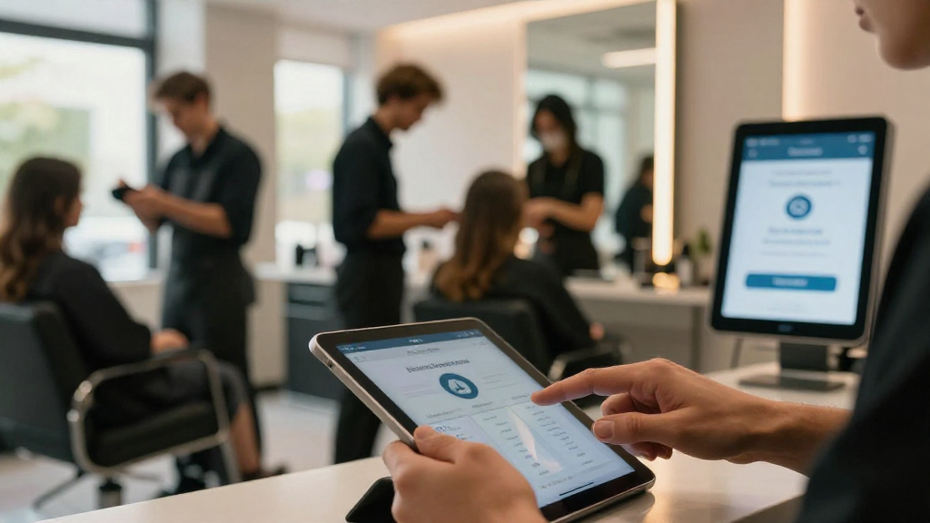 Bustling salon interior with a digital loyalty screen and a client tapping a tablet