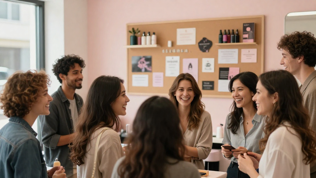 Group of diverse clients laughing around a salon’s community board