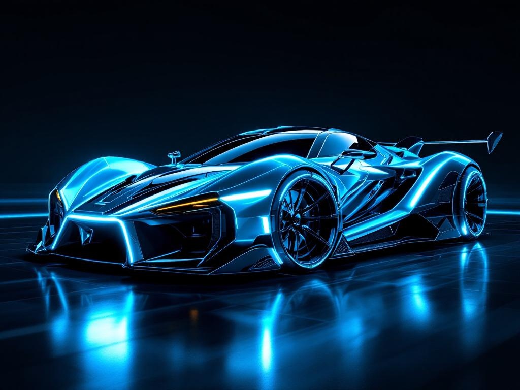 A highly detailed futuristic cyberpunk sports car glowing in neon cyan, 8k resolution.