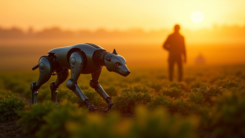 Perro robot agrícola inspeccionando un campo de cultivo