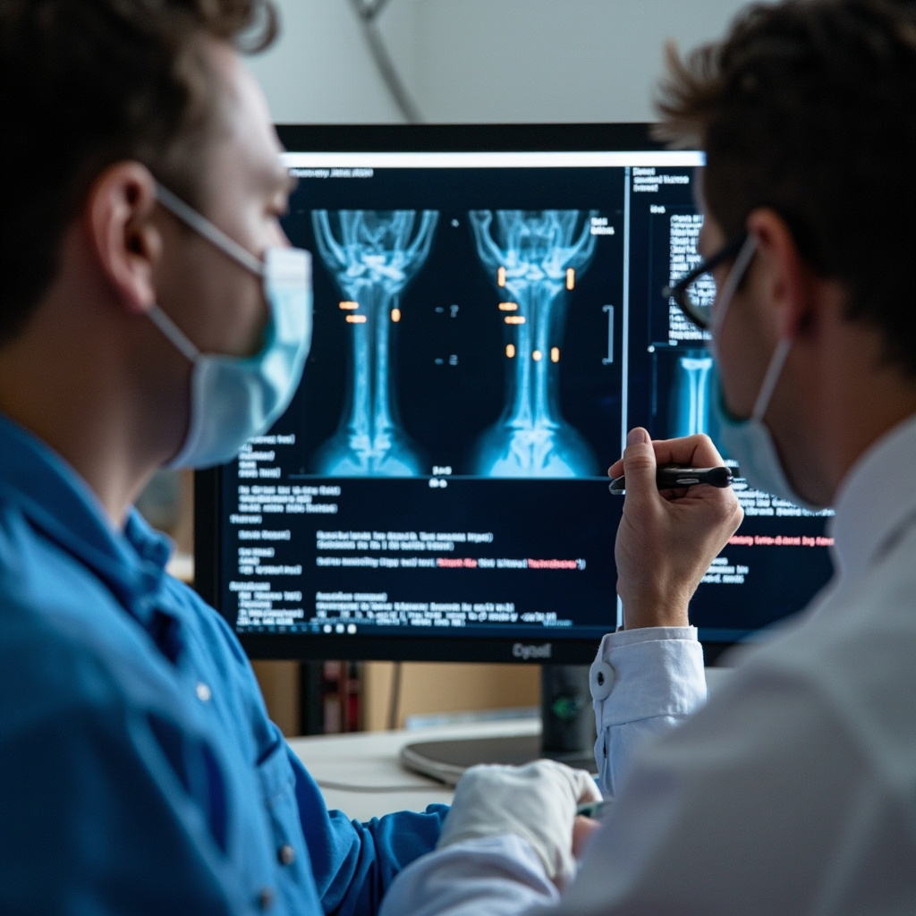 Dental technician diagnosing X-ray sensor problems with computer diagnostics