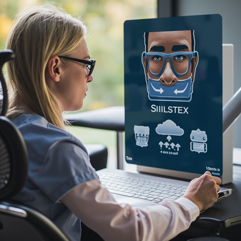 Dental professional using AI voice dictation technology for automated EHR documentation