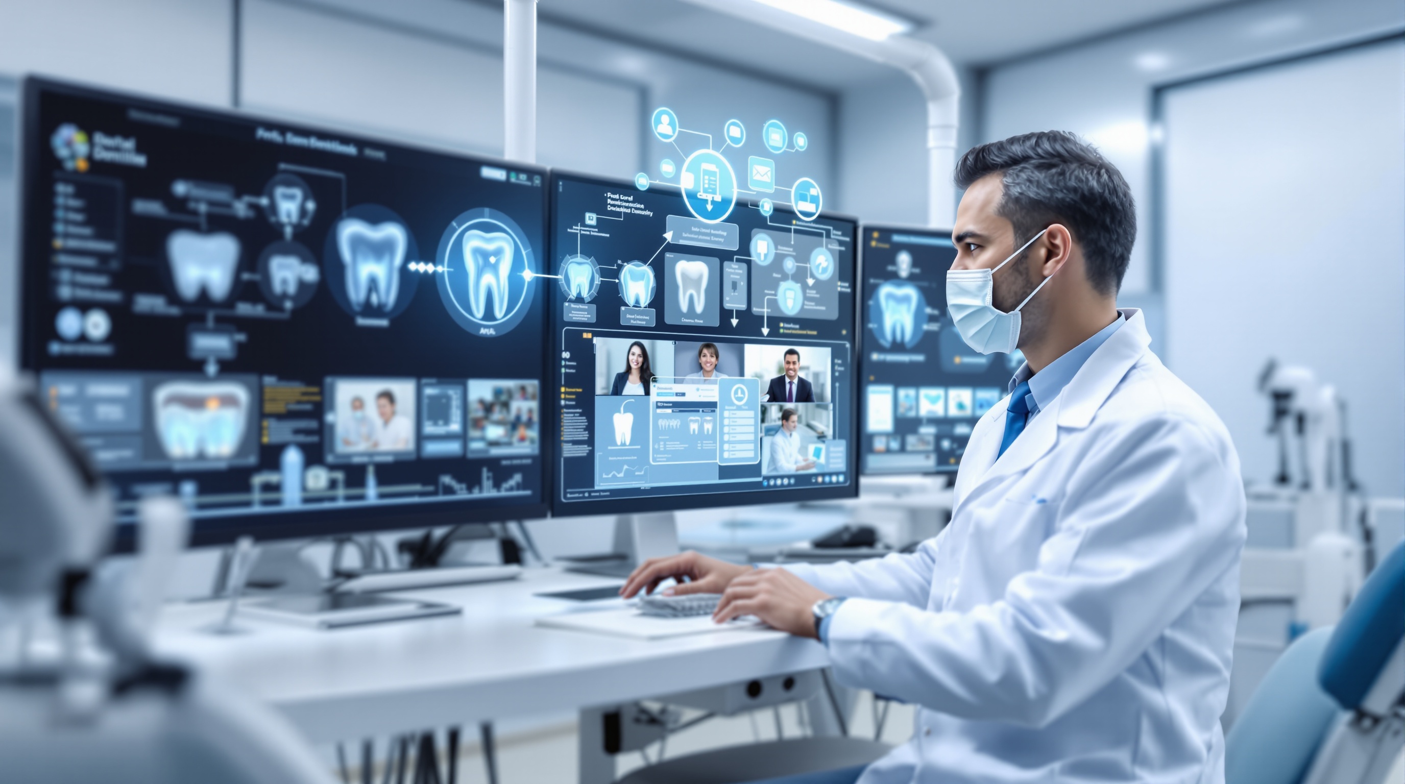 Digital dental workflow integration with multiple monitors and cloud storage