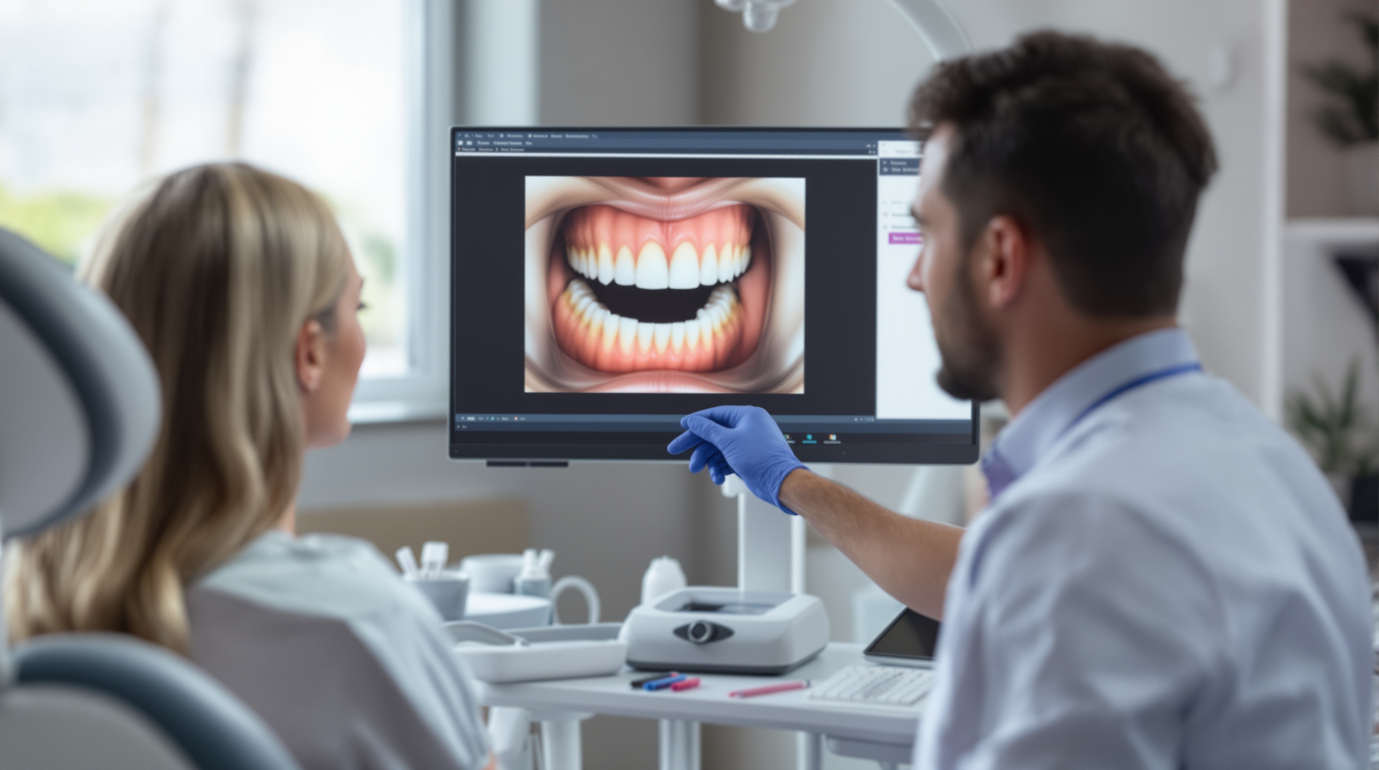 Dental professional educating patient with intraoral camera images on monitor
