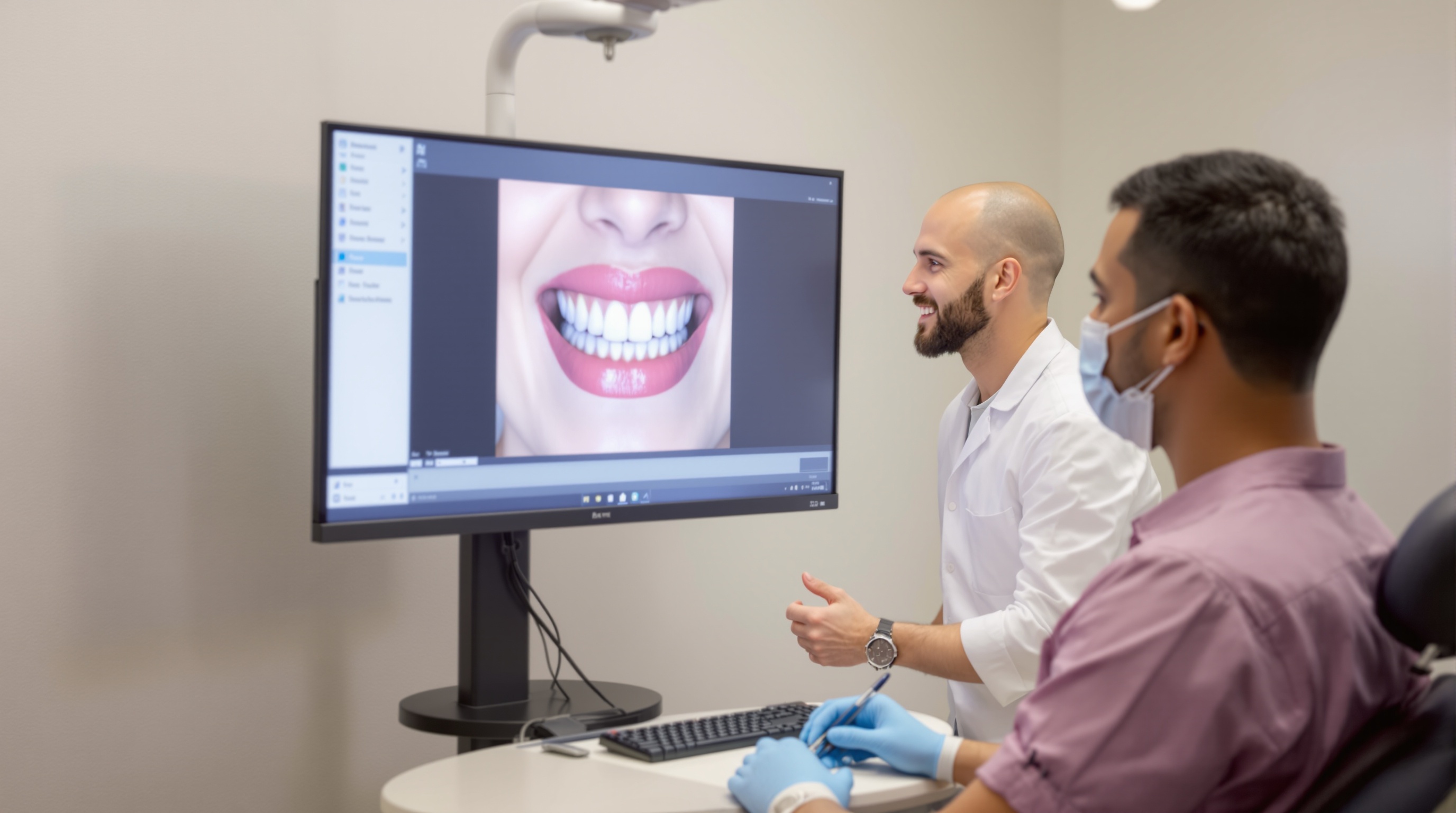 Dentist consulting with patient using digital smile design preview on monitor