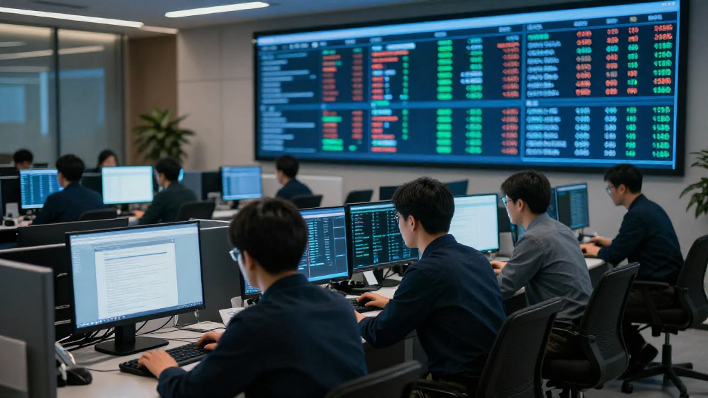 Bank operations center at dusk, analysts monitoring real‑time transaction flows