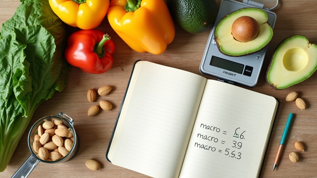 Nutrition label reading setup with vegetables and food scale