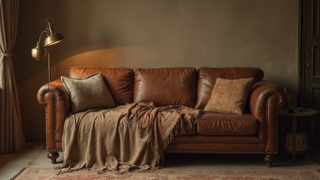 Worn cognac leather sofa with patina, vintage Moroccan throw, and unlacquered brass lamp in warm directional light