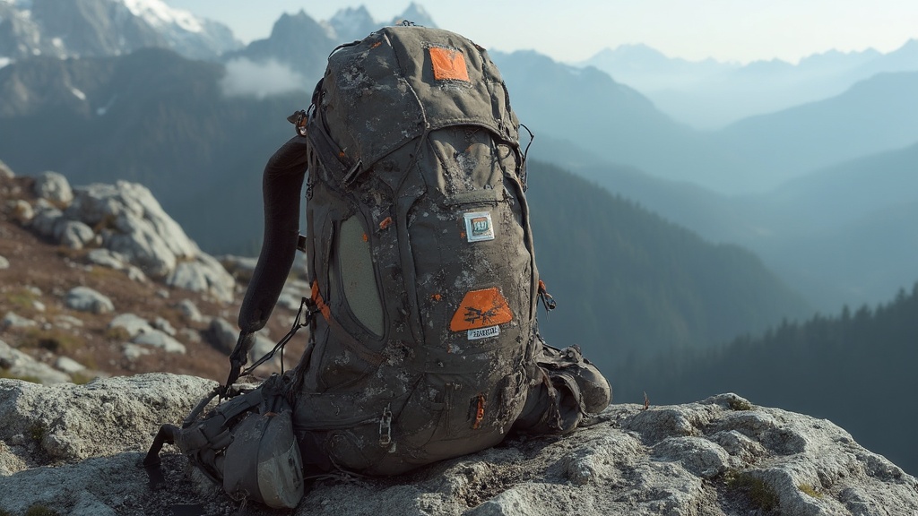 Weathered backpack with Tenacious Tape repairs on lab scale