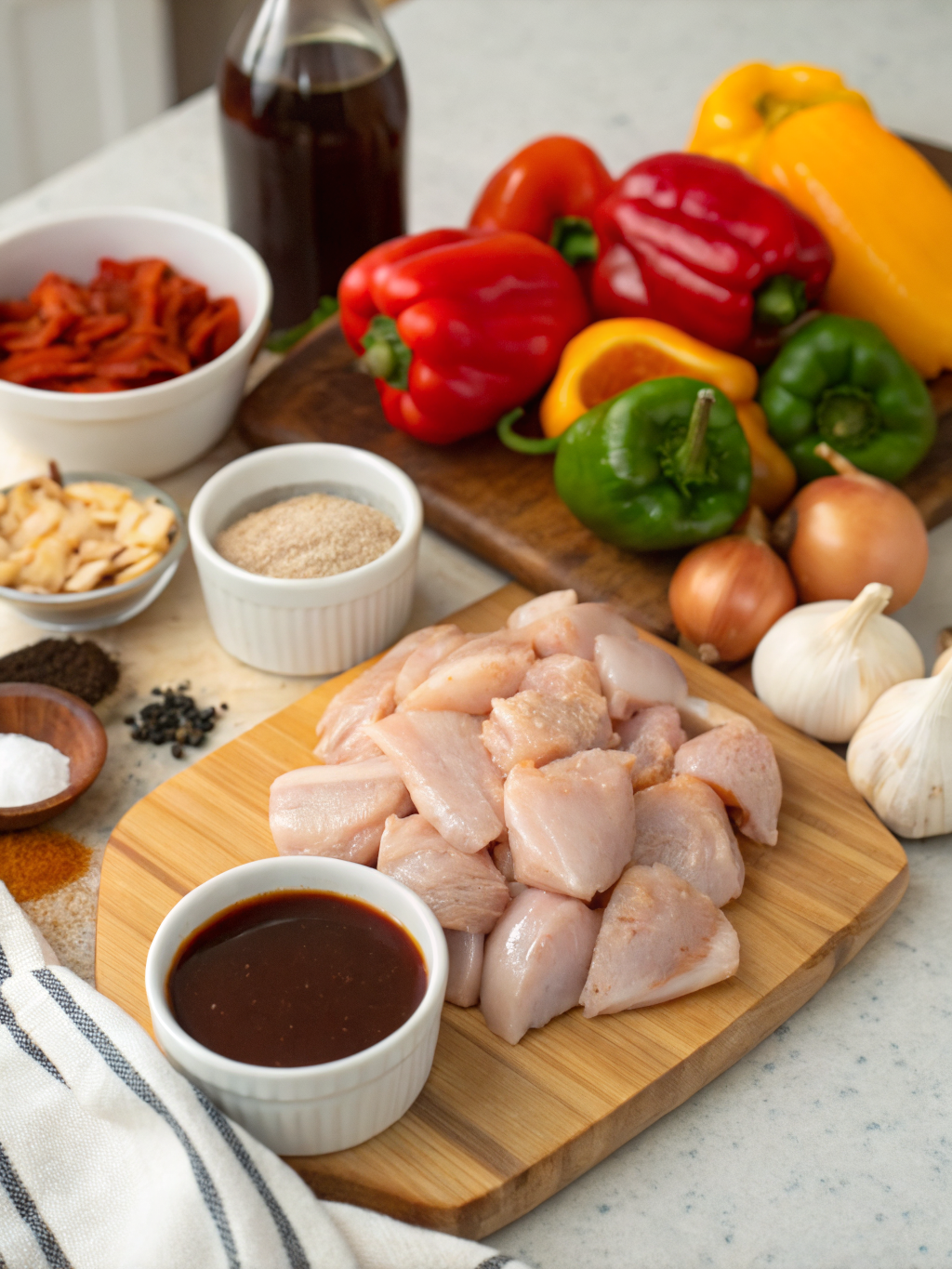 Delicious BBQ chicken ingredients laid out on wooden cutting board