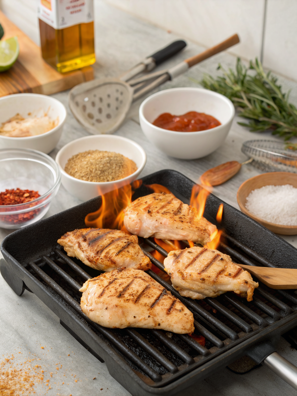 Step-by-step BBQ chicken preparation showing seasoning and grilling process