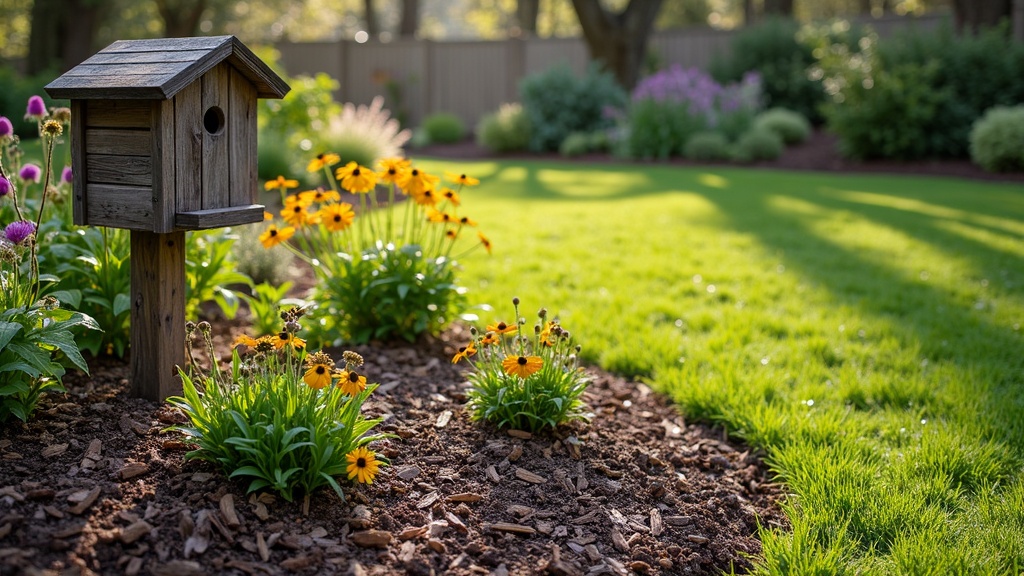 A suburban backyard transitioning from lawn to native pollinator garden with mason bee house and emerging wildflowers