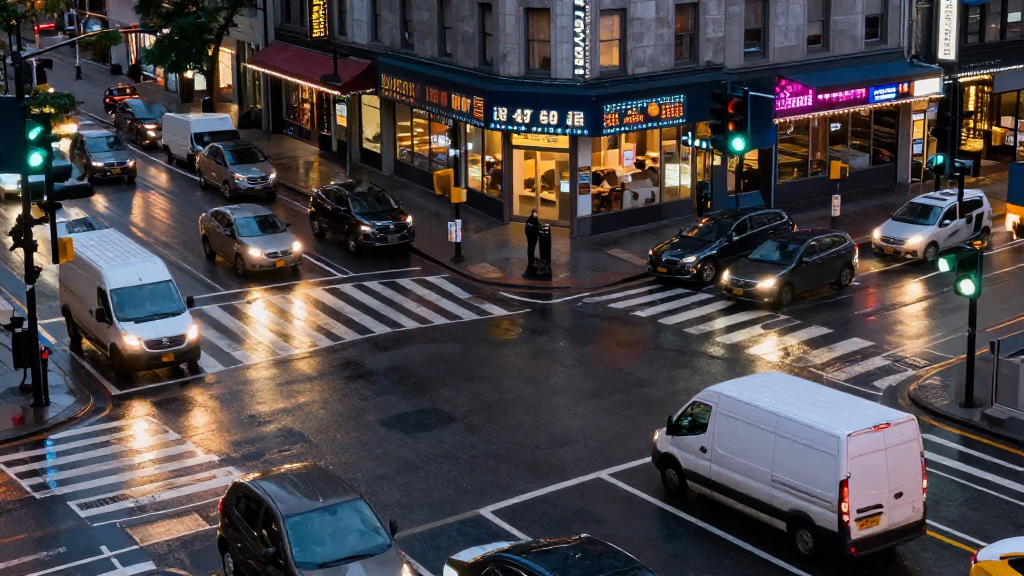 City intersection with delivery vans idling at dusk