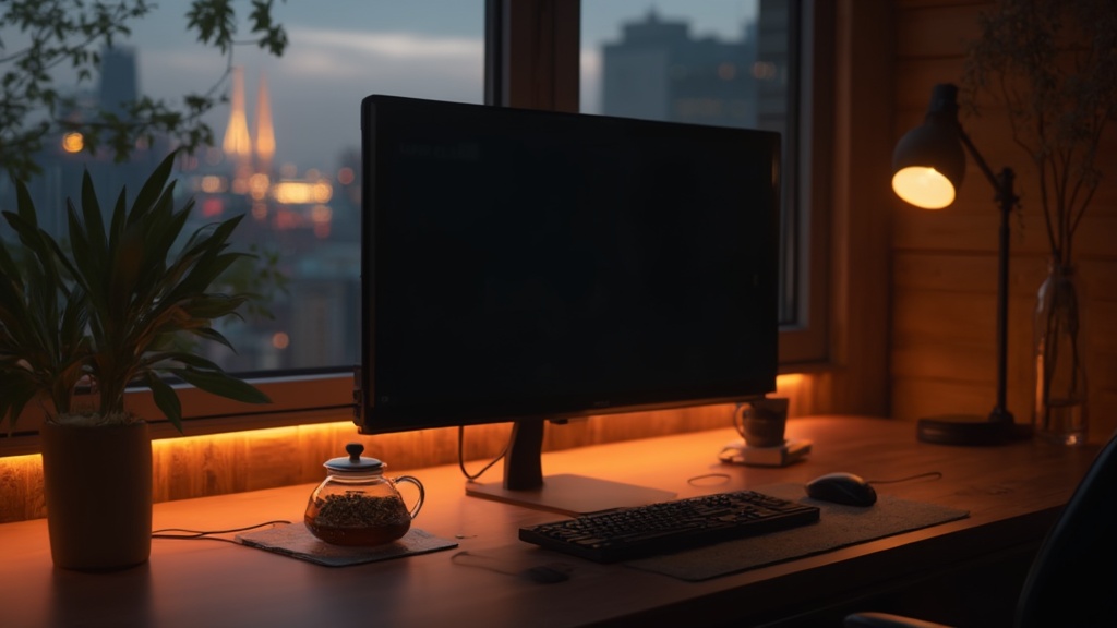 A sophisticated gaming setup with warm amber lighting, a glass teapot, and minimalist aesthetic
