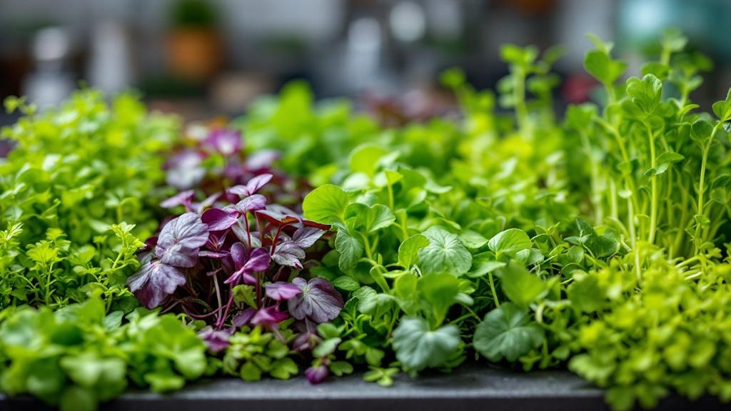 Ensalada fresca con microgreens de brócoli y rábano servida en plato blanco sobre mesa